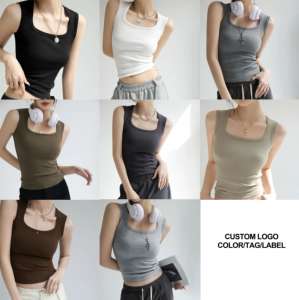 Camiseta sin Mangas con Cuello en U para Mujer, Camisola Básica de Verano, Ajustada, de Punto Acanalado, de Algodón Liso, Camiseta Corta - Product Image 2