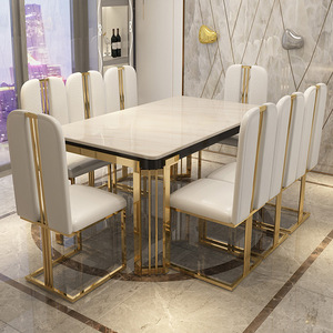 Set Moderno di Tavolo da Pranzo e Sedie di Lusso con Piano in Marmo, Struttura in Acciaio Inossidabile, Impermeabile, Design Rettangolare per 8 Persone - Product Image 1