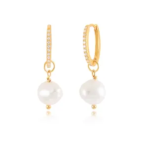 Women Hoop Earrings Wholesale Fashion Jewelry Gold Plated 925 Sterling Silver 18k Gold Plated Drop Pearl Hoop Earrings Women