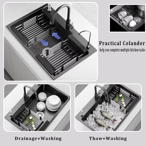 Évier de cuisine <span class=keywords><strong>rectangulaire</strong></span> noir en acier inoxydable 201, grande <span class=keywords><strong>cuve</strong></span> unique, surface nano anti-graisse pour usage domestique - Product Image 6