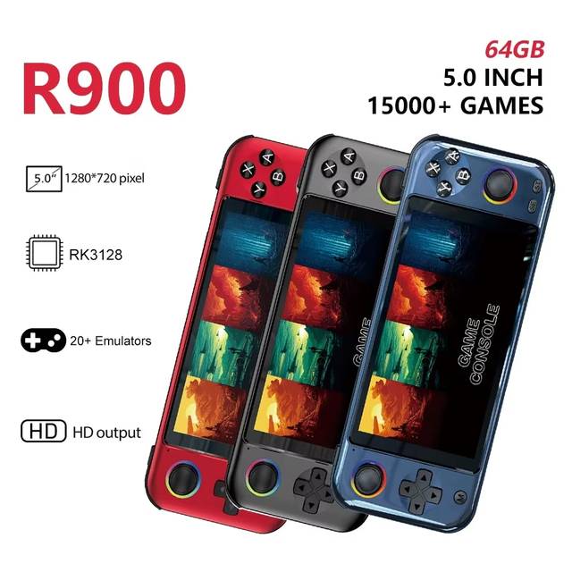 R900 Retro Handheld Game Console 5.0 Inch IPS Screen Linux System HD TV Output Portable Gaming Device with Built-in Classic Game