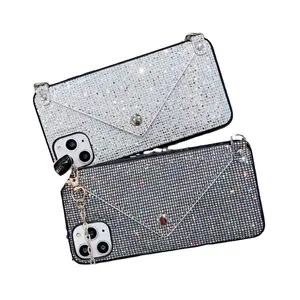 Coque de téléphone portable de luxe, paillettes, diamant, avec chaîne en alliage doré, sangle d'épaule, porte-cartes, nouvelle collection