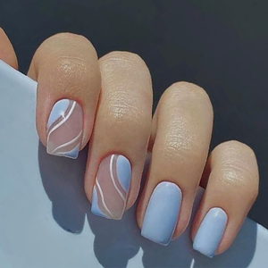 <span class=keywords><strong>Faux</strong></span> ongles autocollants effet tourbillon <span class=keywords><strong>bleu</strong></span> ciel 24 pièces, kit d'ongles à presser tendance avec accents nude pour filles - Product Image 5