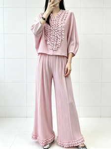 Elegant Solid Woven <b>White</b> Ruffled Top with Wide Leg Pants <b>Set</b> Loose Fit Lantern Sleeve Casual Summer Outfit - Product Image 3