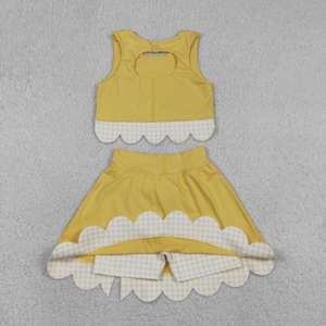ชุดเด็กผู้หญิง GSD3324 rts Little Active Girl สีเหลืองลายตารางหมากรุก แต่งขอบหยัก ชุดขายส่ง เสื้อแขนกุด กระโปรง ชุดโยคะ - Product Image 6