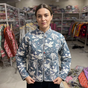 <b>Quilted</b> Cotton <b>Jacket</b> Women Floral <b>Pattern</b> Mandarin Collar Full Sleeve Autumn Regular Length Patch Pocket Woven Fabric GIFT - Product Image 1