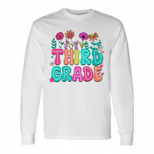 T-shirt a maniche lunghe con motivo floreale di terza elementare, girocollo unisex per bambini, design con fiori selvatici, stampa digitale - Product Image 3