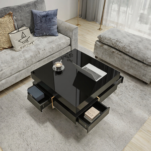 Mesa de Centro Moderna Kusimi con Tapa de Vidrio Brillante, 4 Cajones, Diseño Cuadrado con Múltiples Espacios de Almacenamiento, Patas con Acabado de Madera, Fácil de Limpiar - Product Image 3