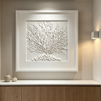 Peinture 3D en grès faite à la main, art mural en relief d'arbre blanc avec base en galets, cadre en boîte à ombre, décoration intérieure