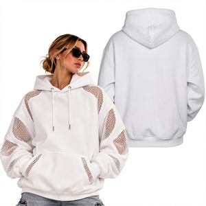 <b>Women's</b> <b>White</b> <b>Hoodie</b> Drop Shoulder Pullover Sweatshirt Hole Mesh Cutout Long Sleeve Casual Hooded Top - Product Image 1