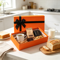 Coffret Cadeau Café Orange avec Tasse, Grains de Café, Sachet de Café, Barre de Chocolat Noir, Biscuits, Pain, Emballage de Cuisine, Vente en Gros, Ensemble Cadeau