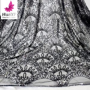 HY1766 vestido de novia negro africano tela de encaje con cuentas <span class=keywords><strong>lentejuelas</strong></span> malla encaje Material africano Aso Ebi diseño - Product Image 2