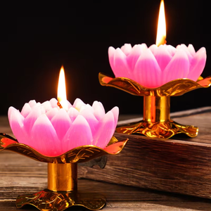 Velas con Forma de Flor de Loto con Portavelas Dorado, Velas Religiosas para Meditación en el Templo - Product Image 1