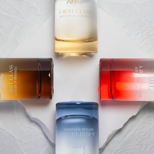 Flacons de parfum cylindriques en verre dégradé de luxe en gros - 30 ml, 50 ml, 100 ml - Teinte violet/or avec vaporisateur pompe - Product Image 3