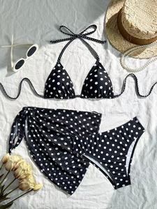 <b>Women</b> Polka Dot Bikini Set With Wrap <b>Skirt</b> Sexy Halter Top Plunge Bra Spandex Polyester Swimwear - Product Image 3