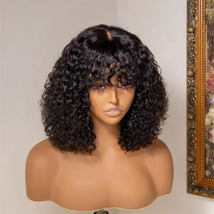 Short Bang Lace Bob Water Wave Glueless Half Lace Wig Vendor Natural Swiss Lace Closure 100% Human Hair Brazilian Wig With Bangs