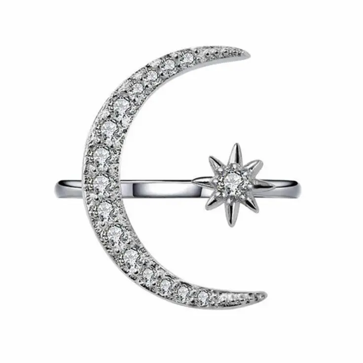 फैशनेबल आभूषण ठोस चांदी क्रिसेंट मून और स्टार 925 स्टर्लिंग चांदी की अंगूठी