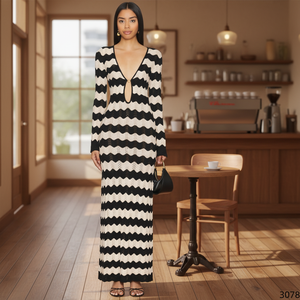 Robe longue <span class=keywords><strong>en</strong></span> maille rayée noire <span class=keywords><strong>et</strong></span> blanche à manches longues, col <span class=keywords><strong>en</strong></span> V profond, découpe avant ajourée, moulante, pour soirée, pour <span class=keywords><strong>femme</strong></span> - Product Image 3