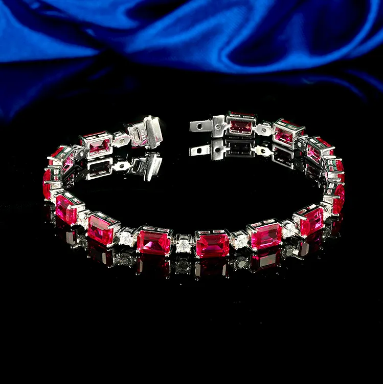 Подгонянный 925 браслет из стерлингового серебра ювелирные изделия Женщины Обледенение Красный Рубиновый Циркон Теннисный браслет