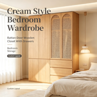 Armoire de chambre modulaire personnalisable en bois massif de style japonais avec porte à charnières, unité de tiroirs et armoire de rangement - Vente en gros