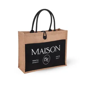 Sacs fourre-tout en jute imprimés sur mesure avec poche avant en toile, sacs en toile de jute naturelle réutilisables pour cadeaux, shopping, style motif lettres - Product Image 3