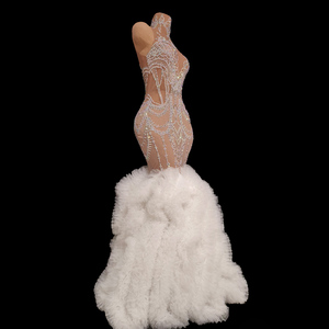 Abito da sera di lusso a sirena con strass di cristallo bianco, collo alto, in rete trasparente traspirante, lunghezza al pavimento, stampa floreale, per feste - Product Image 5