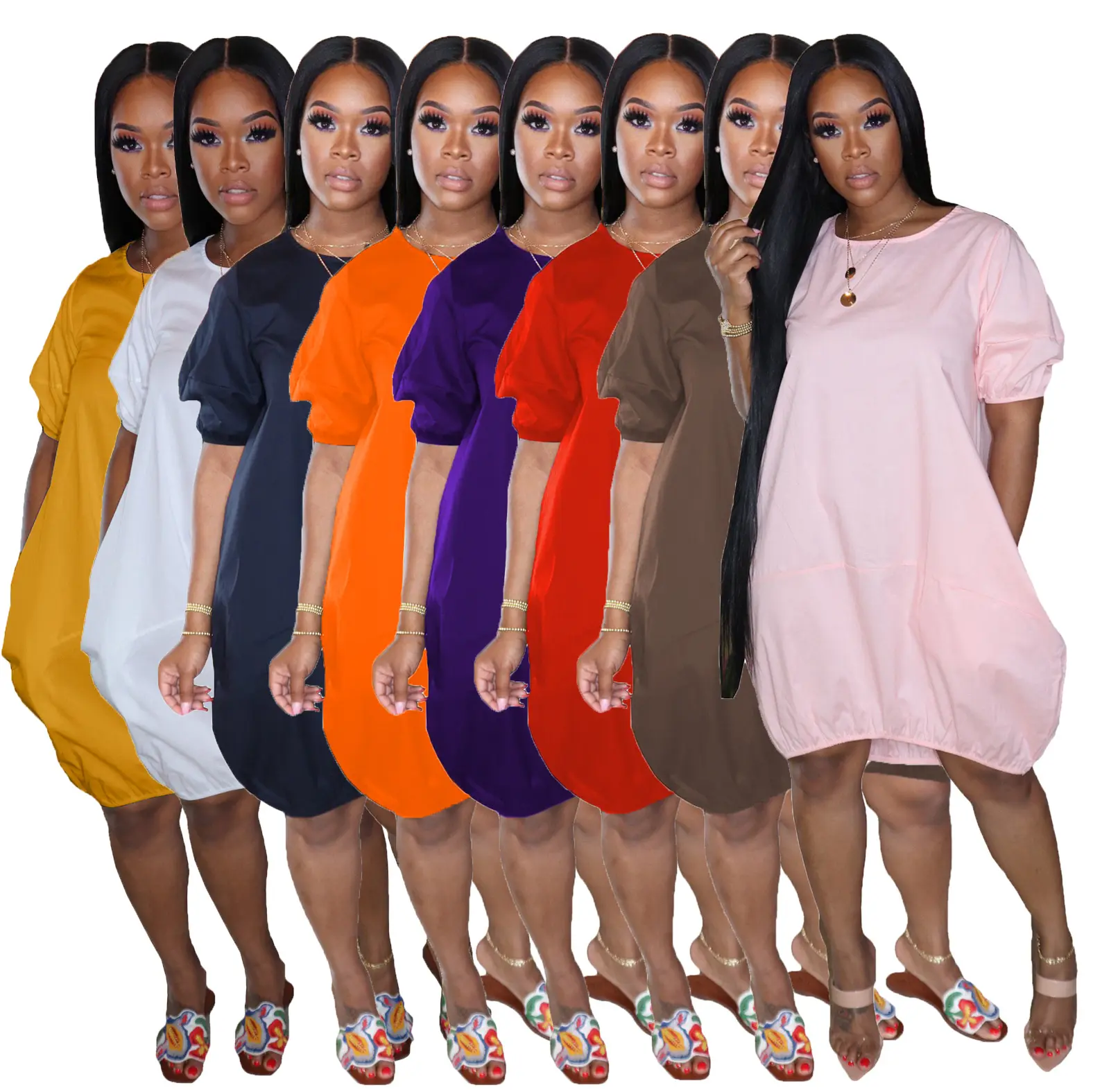 DL8076 Women's Clothing Fashion Street Wear Plus Size New Solid Color Casual Bubble Dress Women Summer Dresses