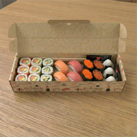 Boîte de traiteur personnalisée en carton kraft long, avec pelliculage mat, gaufrage et doublure en mousse pour plateaux de sushis et sandwichs, à charnière