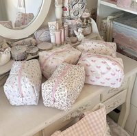Pochette de maquillage en coton floral matelassé pour femme, style Candy Ins, avec fermeture éclair, personnalisable avec logo, design gratuit, rose