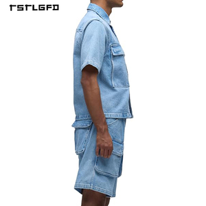 Wholesale Spring Light Wash Printed Denim Short <b>Set</b> Cargo Pockets for Men Relaxed Fit Short Sleeve Button Streetwear Tracksuit - Product Image 3