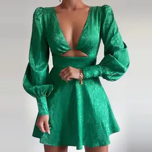 Tùy Chỉnh Phụ Nữ Sexy V Cổ Retro Dài Tay Áo Mini Dresses Câu Lạc Bộ Bên Quần Áo Phụ Nữ Lụa Satin Emerald Rosalia Mini Dress