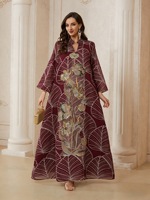 Abaya Kaftan Maxi à manches longues en maille brodée et jacquard perlé, col en V, vêtements islamiques en polyester, couleurs personnalisées en gros