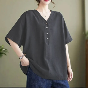 Women's Short Sleeve V-Neck Top With Buttons Cotton Poplin Loose Fit Casual Work Wear White Gray Navy Blue - Product Image 4