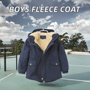 Manteaux en polaire unie pour garçons, bleu marine, à capuche, avec fermeture éclair, écologiques, coupe-vent, épais, en coton teint, pour l'hiver, 2-7 ans, vente en gros - Product Image 3