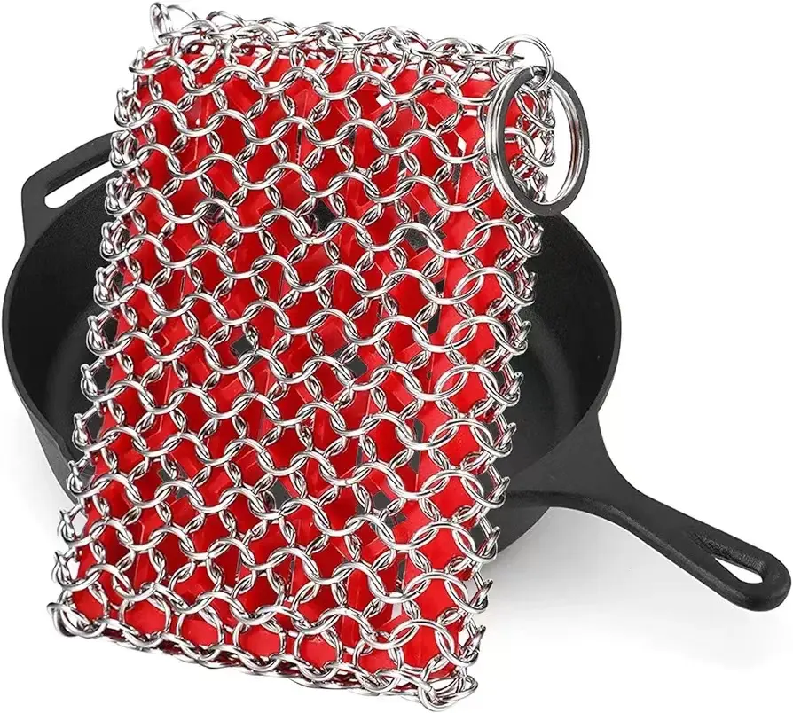 316 stainless steel chain mail scrubber with silicone insert for cast iron pans kitchen cast iron cleaner