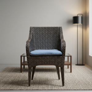 Chaise de jardin contemporaine en osier avec coussin bleu, pieds coniques, design minimaliste pour villa et parc, mobilier d'extérieur - Product Image 6