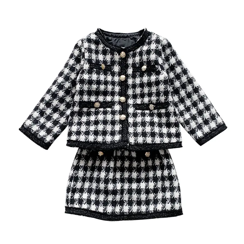 Autumn kids girls fashion sweet long sleeve Plaid cardigan skirt 2pcs casual outfits children Clothing Set