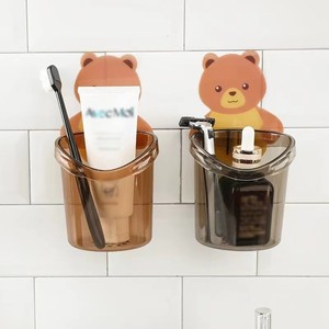 Support mural en forme d'ours pour tasses, triple support de rangement adhésif en plastique pour salle de bain, pour brosses à dents et cosmétiques - Product Image 2