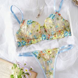 Ensemble de lingerie sexy avec soutien-gorge push-up à armatures et broderie florale en V profond, et culotte transparente érotique - Product Image 3