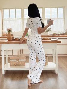 Tùy Chỉnh 2 Mảnh Trái Tim In Gân Bông Đồ Ngủ Với Ren Ngắn Tay Áo Tre Đồ Ngủ Cho Phụ Nữ Thiết Lập Loungewear Womens - Product Image 2