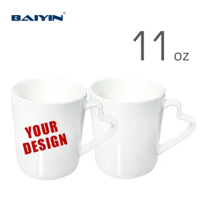 Baiyin cangkir keramik pegangan berbentuk hati sublimasi 11oz Mug cetak Logo kustomisasi tulang cangkir keramik untuk sublimasi