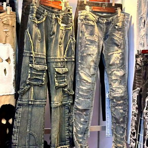 กางเกงยีนส์ทรงตรงขาเดฟผู้ชายผ้าปะต่อสองสีสไตล์วินเทจ ระบายอากาศได้ดี เหมาะสำหรับฤดูร้อน - Product Image 1