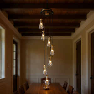 Lustre suspendu réglable à 7 lumières, en fer doré avec abat-jour en verre cloche, éclairage LED E26 pour grand hall d'entrée et salle à manger - Product Image 2