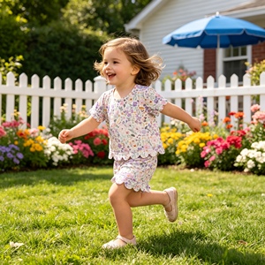 GSSO3267 RTS Ensemble court à manches courtes pour petite fille, imprimé fleurs violettes, style festonné, vente en gros pour enfants - Product Image 1