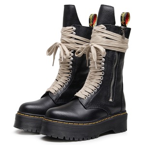 Botas de locomotora de suela gruesa con 18 agujeros para mujer, con cremallera lateral, diseño de lichi, botas largas, cuero genuino - Product Image 5