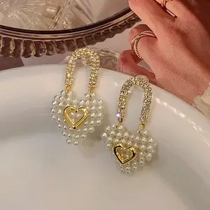 Women Jewelry Cute Unusual Dangle Earrings Natural Freshwater Pearls Hoop Earring Raised Beads Heart Hanging Earrings For Women