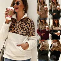 2022 Winter Fleece Sweater Mode Leopard Patchwork Flauschige dicke Pullover Warme Reiß verschluss Pullover Frauen Wintermantel Sherpa Tops