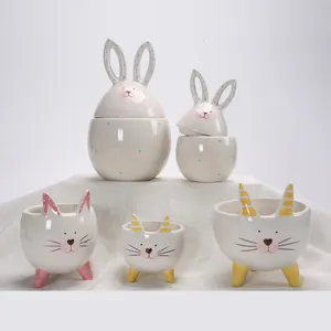 Patung kecil telur kelinci Paskah, dekorasi rumah Musim Semi, patung kelinci keramik, dekorasi telur kelinci