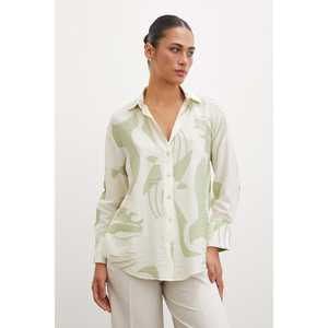 Chemise en modal à col en V verte pour femme, chemisier décontracté imprimé en popeline à boutons, à porter au quotidien - Product Image 1
