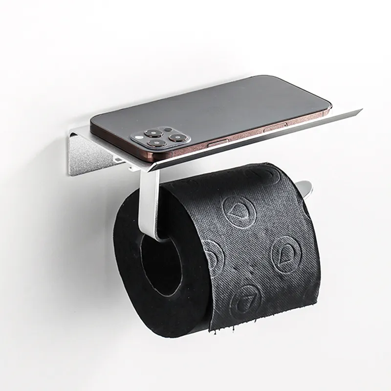 Bathroom Wall Matte Black Toilet Paper Movable Roll Holder with Phone Storage